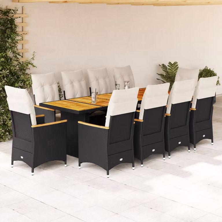 Set da Bistrò da Giardino vidaXL 11 pz in Polyrattan Nero con Cuscini e Legno di Acacia