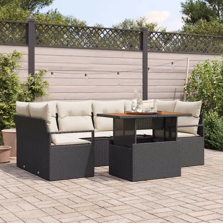 Set Divano da Giardino vidaXL 7 Pezzi con Tavolino e Cuscini Nero e Beige