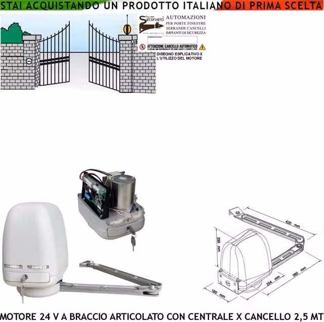 AUTOMATISMO CANCELLO ELETTRICO 5 MT MOTORE BRACCIO ARTICOLATO 220/24 V 1/2 ANTE BATTENTI DA 0,5 A 2,5 MT SPINTA 250 NM RICAMBIO UNIVERSALE