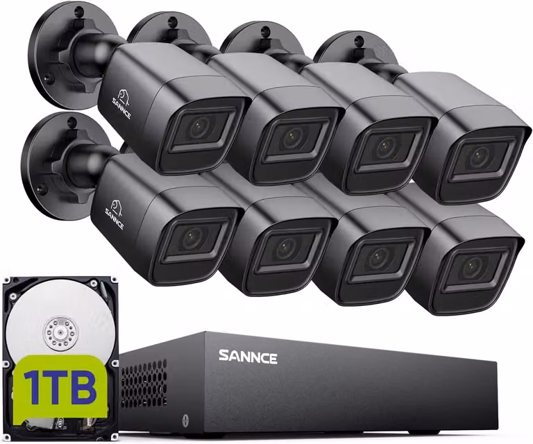 Sistema di videosorveglianza con DVR a 8 canali, risoluzione 1080P, disco rigido da 1TB e 8 telecamere da esterno impermeabili con visione notturna