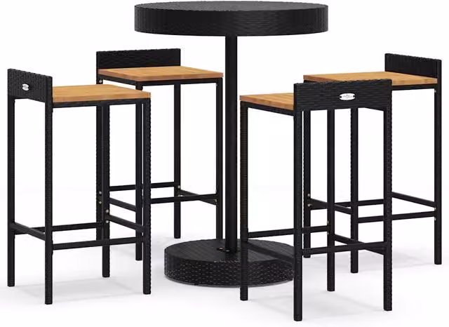 Set Bar Giardino 5 pz | Set Salotto da Giardino Nero Polyrattan e Legno Massello Acacia