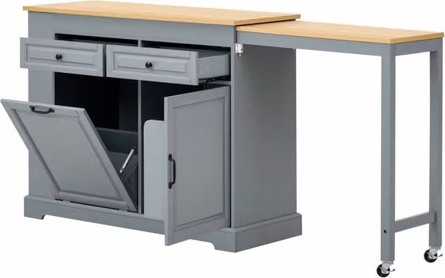 Isola cucina mobile con ruote 112-180 x 45 x 92 cm in MDF e PB con piano estraibile grigia