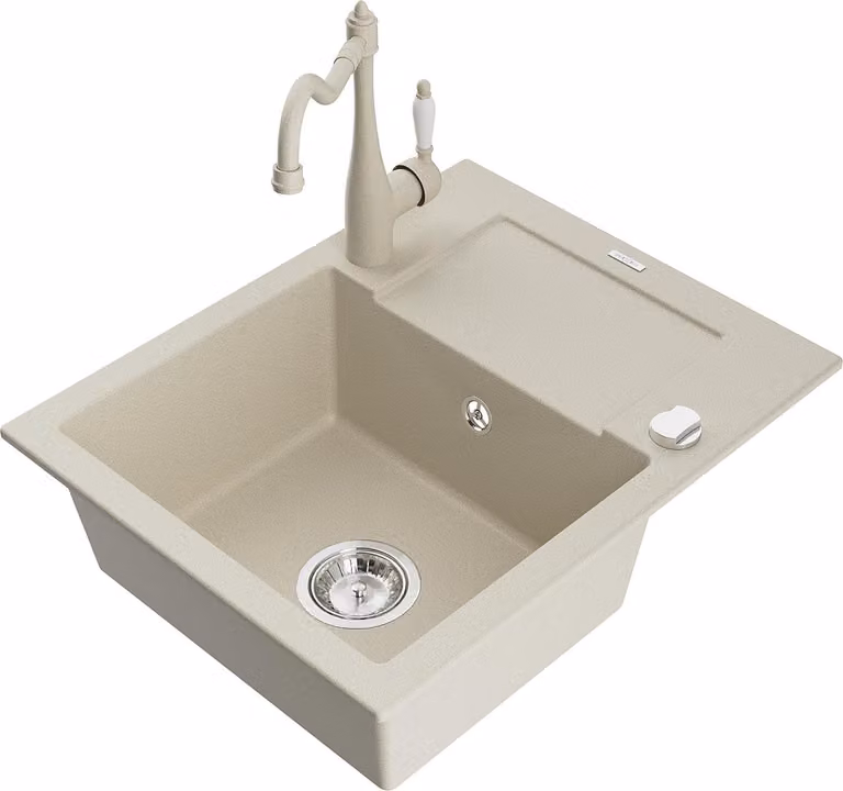 Mexen Enzo lavello in granito a 1 vasca con sgocciolatoio e rubinetto cucina Carla, beige - 6506-69-670700-69