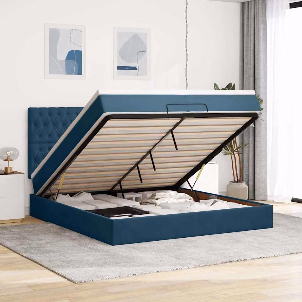 vidaXL Letto a pouf con materasso e illuminazione LED blu scuro in velluto L: 200 cm, P: 200 cm, H: 280 cm
