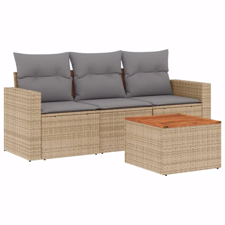 Set Divano da Giardino 4 pz con Cuscini Beige in Polyrattan