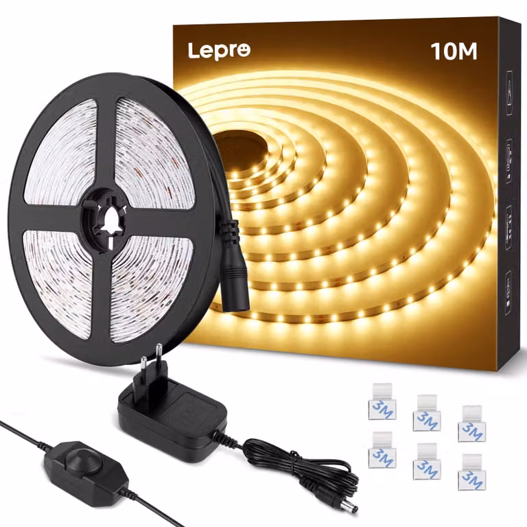 Striscia LED Lepro, 10 metri, 3000K (bianco caldo), dimmerabile, autoadesiva, con alimentatore