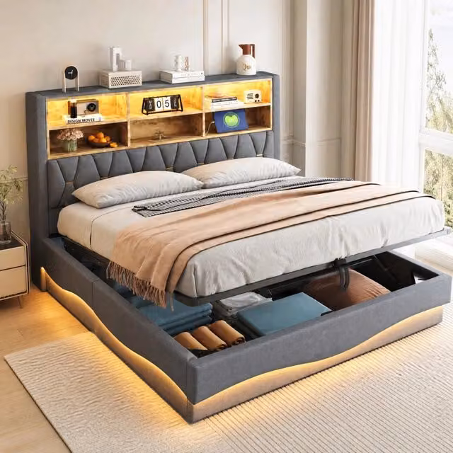 Letto contenitore 180x200 cm grigio in ferro, LED e USB, rete metallica