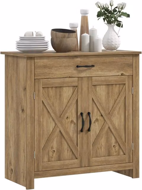 Credenza Country Minimal in Legno Marrone con Ante e Cassetto L 80 cm, P 39.7 cm, H 80 cm