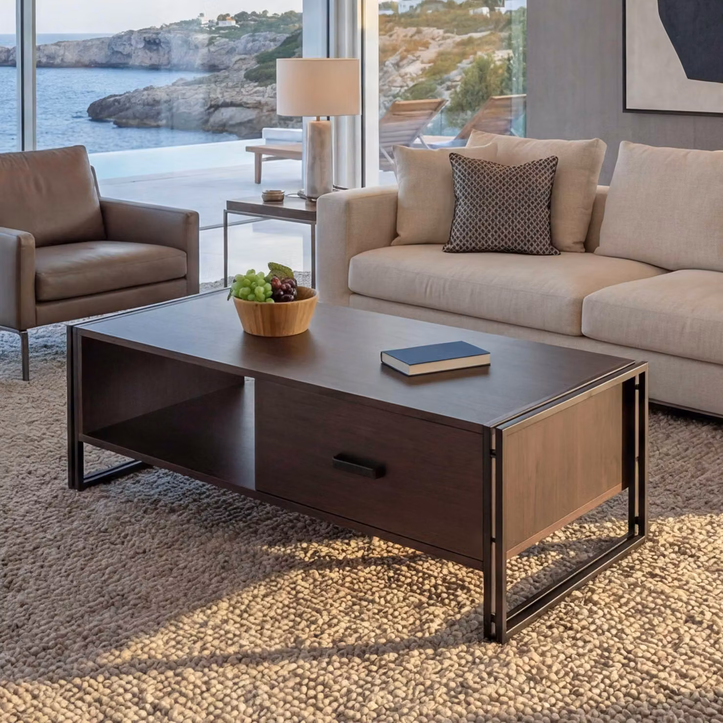 Tavolino MCW-A27, tavolino da salotto, 41x120x60 cm Struttura 3D, metallo MDF ~ marrone scuro