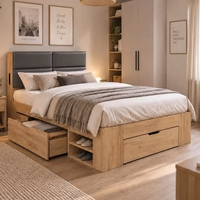 Letto singolo 90x200 cm in MDF con contenitore; testiera imbottita; luce LED e prese USB