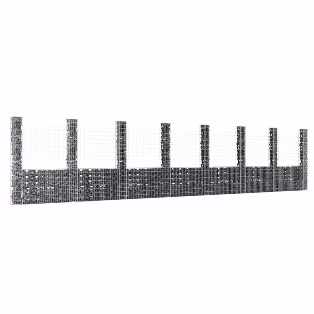 vidaXL Gabbione a U in metallo grigio con 8 pali in ferro L: 860 cm, P: 20 cm, H: 200 cm