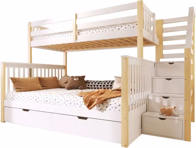 Letto a castello REDOM per bambini con struttura a casetta, cassetti e scala, Bianco e Legno Naturale, L/P/H: 200 x 90 x 145 cm