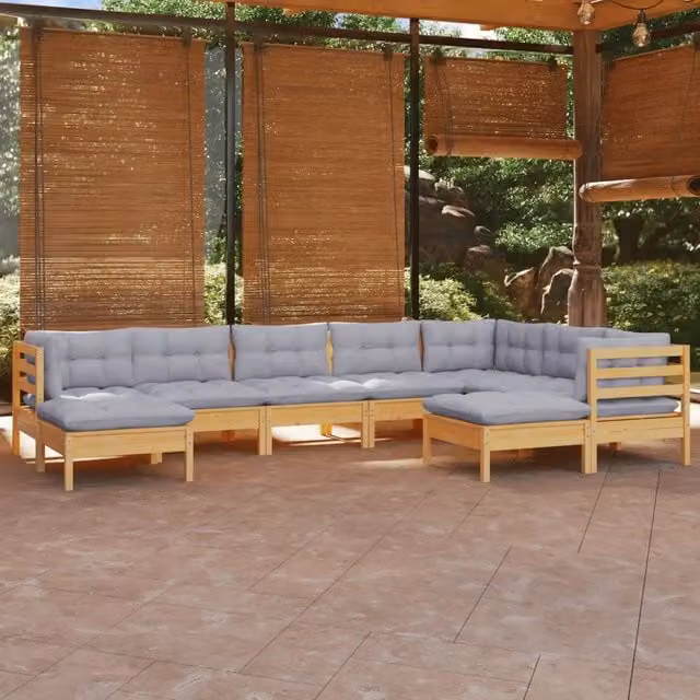 Set Divani da Giardino 9 pz con Cuscini Grigi Massello di Pino 3096706