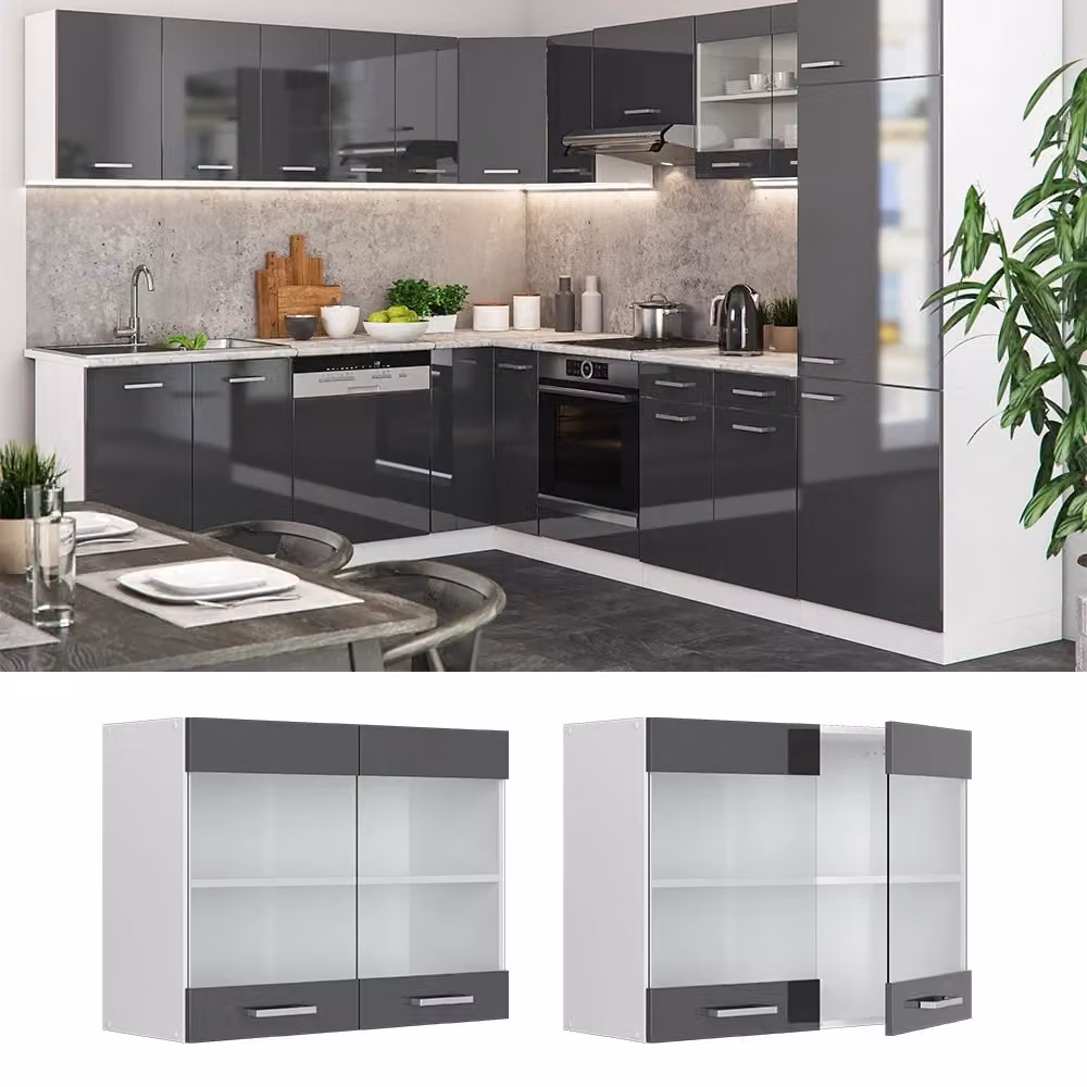 Pensile da cucina Vicco R-Line con ante in vetro, Antracite lucido e Bianco, L: 80 cm, H: 60 cm, P: 31 cm – 2
