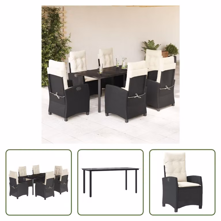 The Living Store Set da pranzo da giardino 7 pezzi con cuscini in polirattan nero