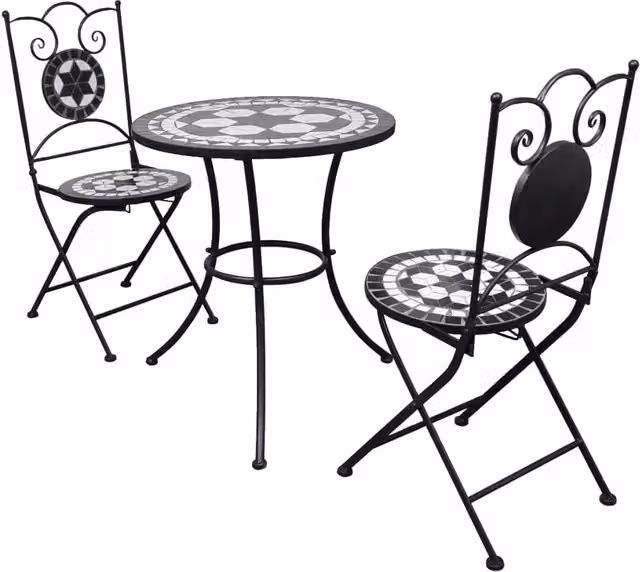 Set di mobili da bistrot Outsunny da 3 pezzi con piastrelle in ceramica geometriche bianche e nere e struttura in acciaio verniciato a polvere