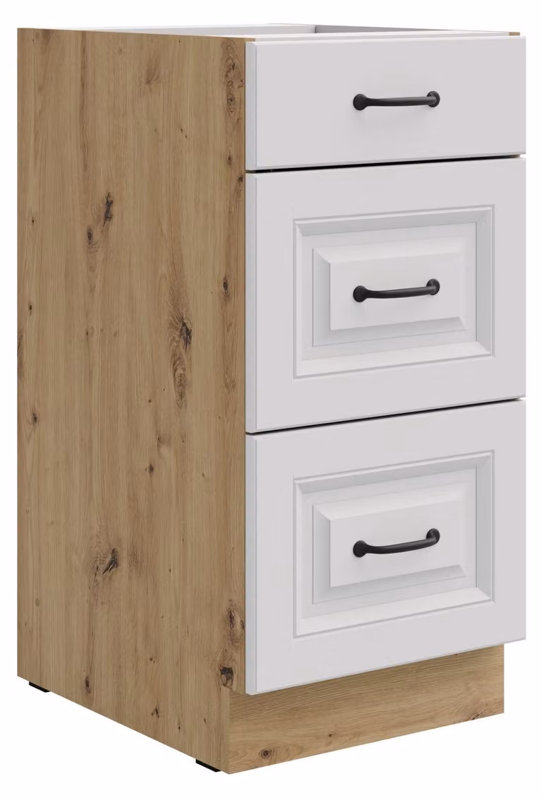 Mobile base da cucina 40 cm Stilo bianco + rovere Artisan opaco, cassetto a estrazione totale con chiusura ammortizzata, cucina componibile
