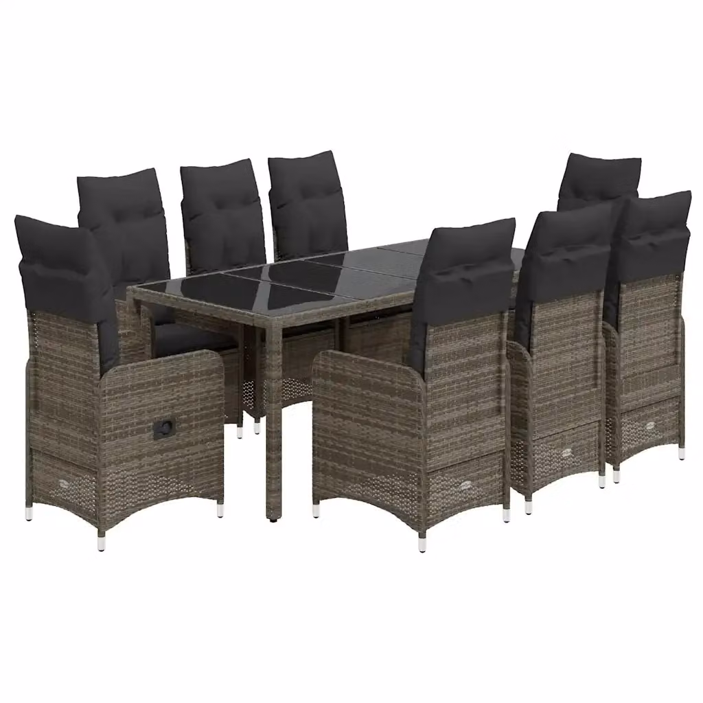 Set Bistrò da Giardino vidaXL in Polyrattan Grigio con Cuscini e Tavolo in Vetro, 9 Pezzi – 2