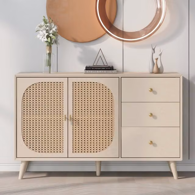 Mobile credenza moderna Aosom con 2 ante in rattan e 3 cassetti, mobiletto multiuso per soggiorno o cucina, Bianco