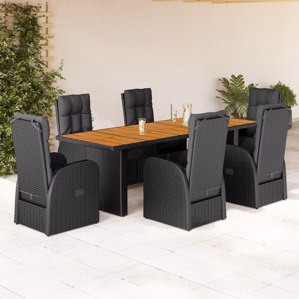 Set da pranzo da giardino vidaXL in legno di acacia oliato e polyrattan nero con 7 pezzi