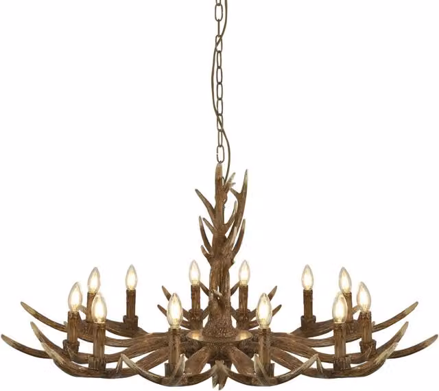 Lampadario a sospensione SEARCHLIGHT in stile industriale con 12 luci E14 in metallo e legno marrone