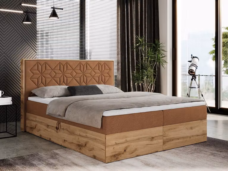 Letto boxspring 120x200 con contenitore, letto imbottito 120x200 con materasso H4, letto boxspring 120x200 con testiera, letto boxspring in legno massello - Nessi - Struttura arancione - H4