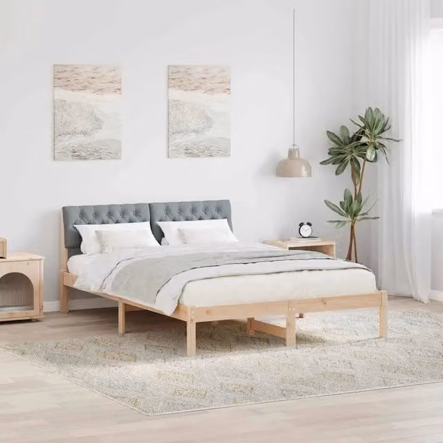 Struttura del letto moderna vidaXL in legno di pino e tessuto, marrone e grigio, L 140,5 x P 200 x H 78,5 cm – 1
