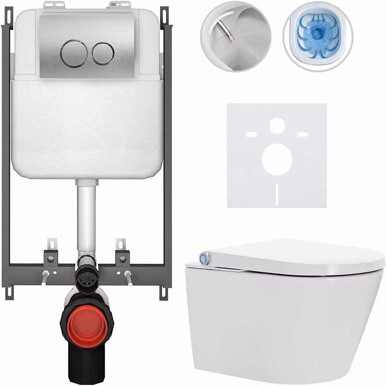 WC sospeso con bidet Cronus Standard - bianco lucido - pulsante Prime/Dualo, argento - da incasso - 59,3x38,4 cm