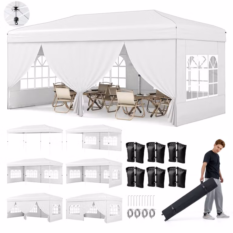 Gazebo COSTWAY 3x6 m, gazebo pieghevole pop-up con struttura in metallo, 6 pareti laterali, 6 sacchi di sabbia, tiranti antivento, picchetti e borsa da trasporto con rotelle