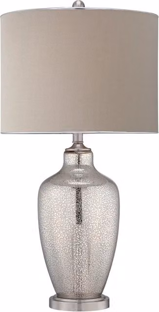 Lampada da scrivania contemporanea Quoizel Nicolls in vetro di mercurio color beige e argento con base in metallo e paralume in tessuto per ufficio e casa
