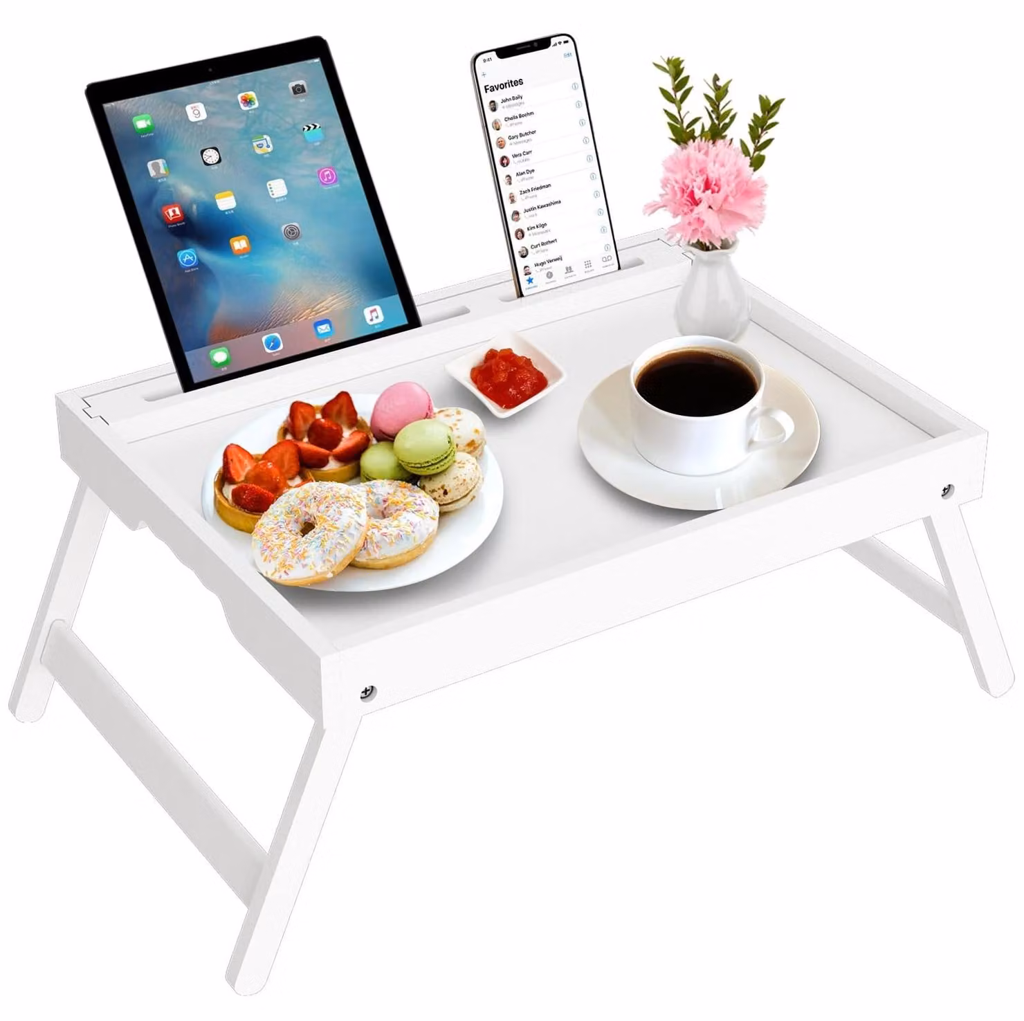Tavolino pieghevole con gambe, colore bianco, adatto per la colazione e per appoggiare un laptop