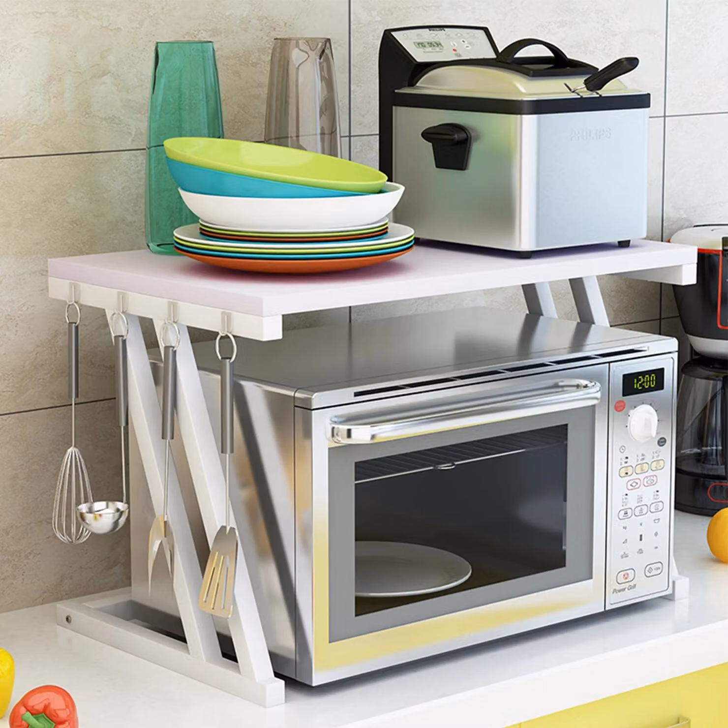 Ripiano per microonde - Scaffale da cucina per microonde - Con vano portaoggetti - Salvaspazio - 57 x 38 x 38 cm - Bianco