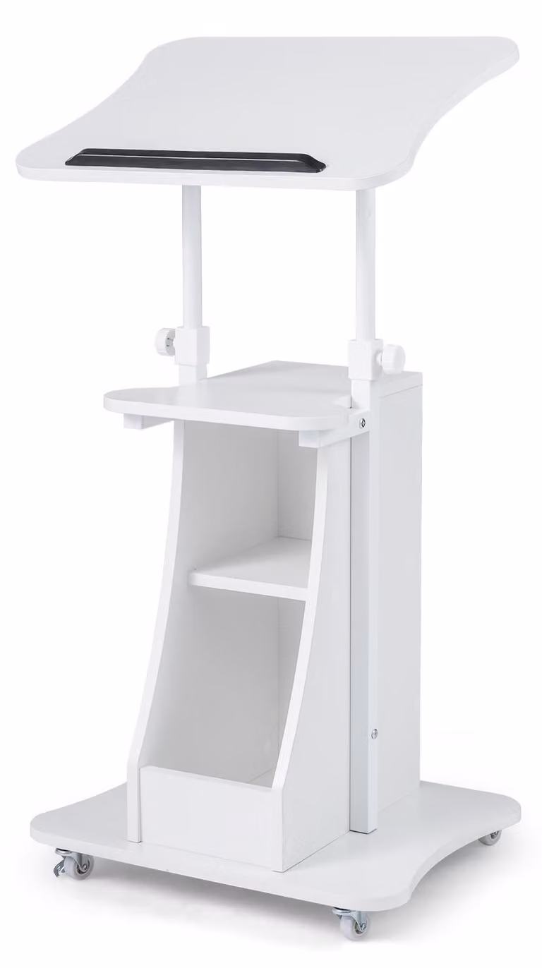 Leggio COSTWAY regolabile in altezza (72-112 cm) con rotelle, piano ribaltabile, scomparti e ripiano aperto, scrivania mobile in piedi, leggio per presentazioni