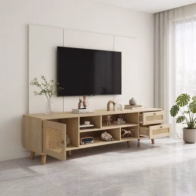 Cassettiera per TV KOMHTOM in legno color marrone e beige con finitura opaca, stile scandinavo, L: 160 cm, P: 39 cm, H: 40,5 cm