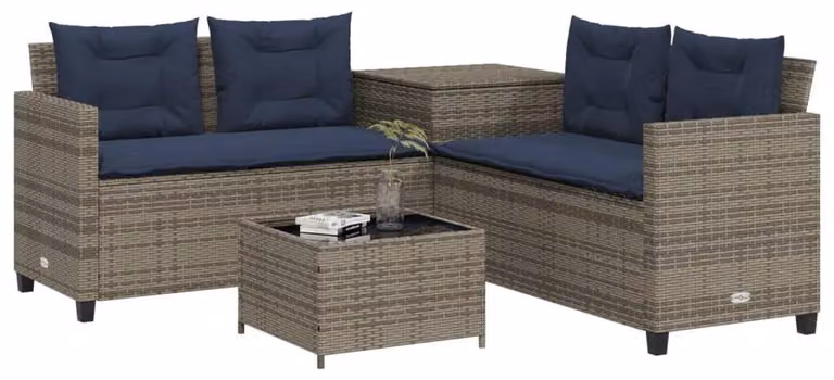 Divano da giardino a forma di L con tavolo e cuscini, grigio, in rattan sintetico