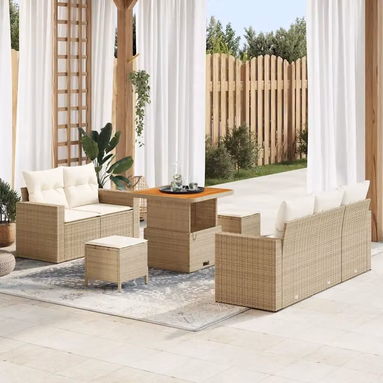 Set Divano da Giardino vidaXL 8 Pezzi Beige con Tavolino e Pouf in Metallo e Legno di Acacia