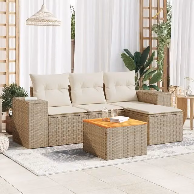 Set Divano da Giardino 5 pz con Cuscini Beige in Polyrattan 3225414
