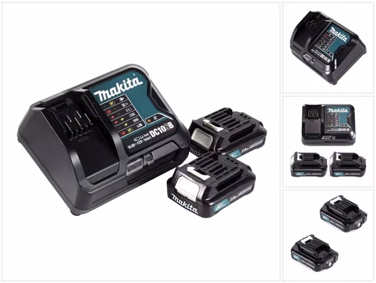 Kit di alimentazione Makita 12V con 2 batterie BL1021B da 2,0Ah + caricabatterie DC10SB
