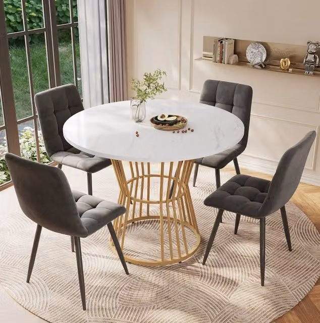 Set tavolo da pranzo rotondo con 4 sedie in velluto; ? 100 cm; piano MDF effetto marmo