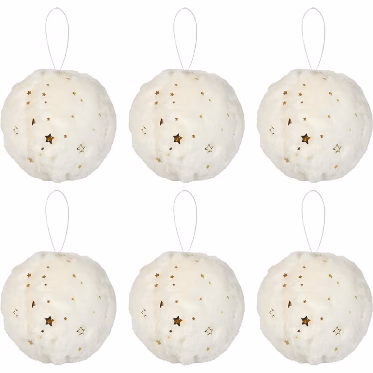 Set di 6 Palle di Natale Vestiamo Casa Gran Natale con Effetto Peluche, Colore Bianco e Oro con Decorazioni a Stelle, Diametro: 8 cm