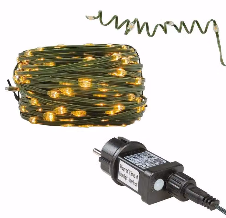 18 metri di catena luminosa con 480 micro LED a luce calda, timer di 8 ore, lunghezza totale 52,9 metri, adatta per interni ed esterni, con alimentatore
