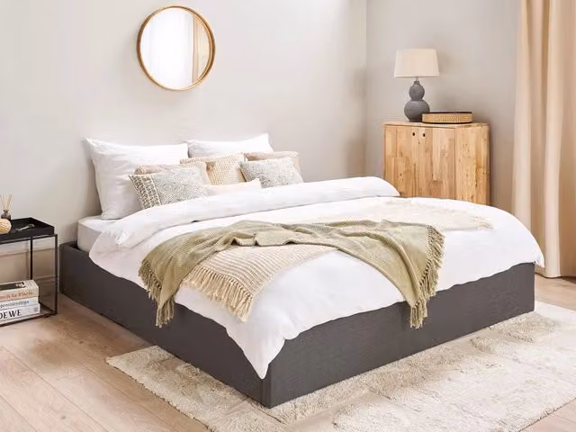 Letto contenitore Beliani con doghe in legno e base a sollevamento, design moderno, rivestimento in tessuto grigio, L/P: 180 x 200 cm – 1