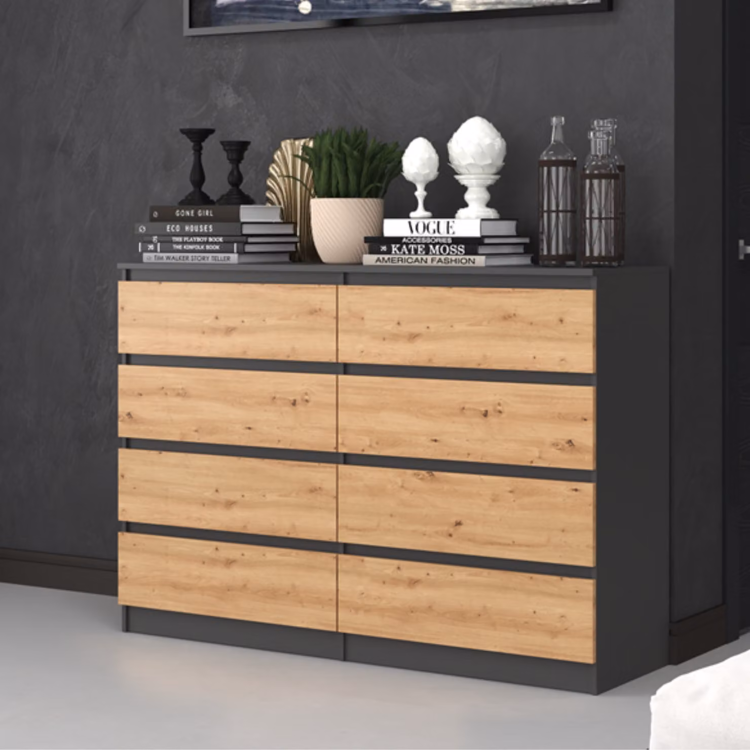 Comodino, mobile per camera da letto o ingresso, armadio, credenza, mobile alto con 8 cassetti, larghezza 140 cm, altezza 97 cm | Colore: antracite, finitura "Artisan"