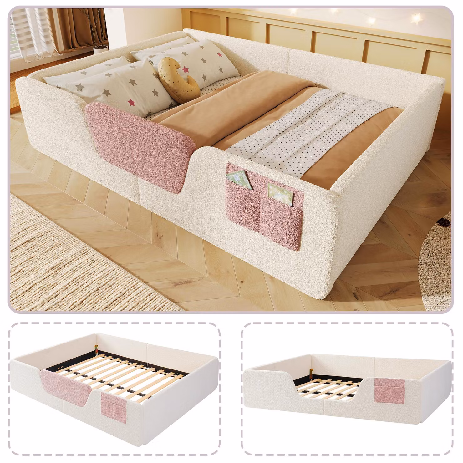 Letto imbottito 140 x 190 cm con sponde laterali imbottite removibili, rivestito in velluto, con tasca in tessuto, capacità fino a 220 kg, colore beige, senza materasso