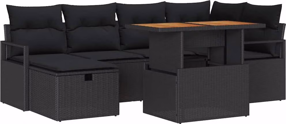 Set Divano da Giardino con cuscino 7 pcs Nero polyrattan