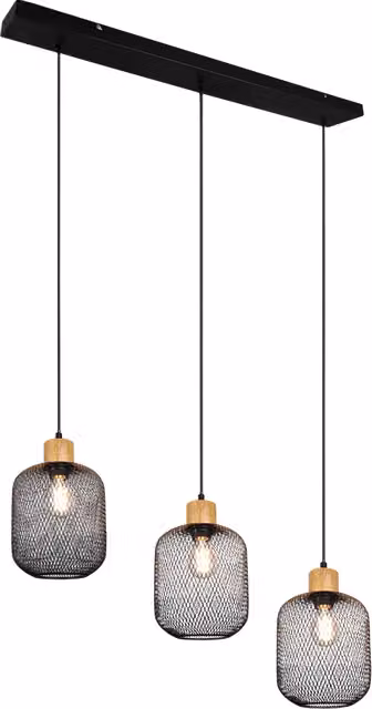 Lampada a sospensione Trio Leuchten GD Trio con 3 diffusori a gabbia in metallo nero e legno