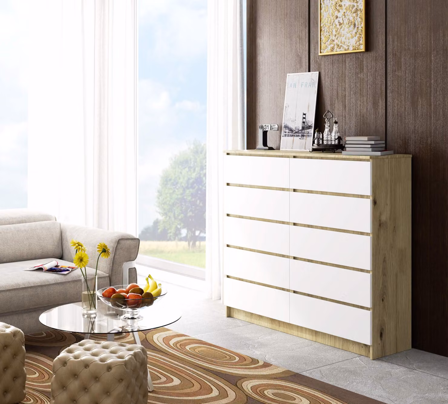 Credenza alta 138 cm con 10 cassetti; credenza, mobile da sala da pranzo, alta 121 cm