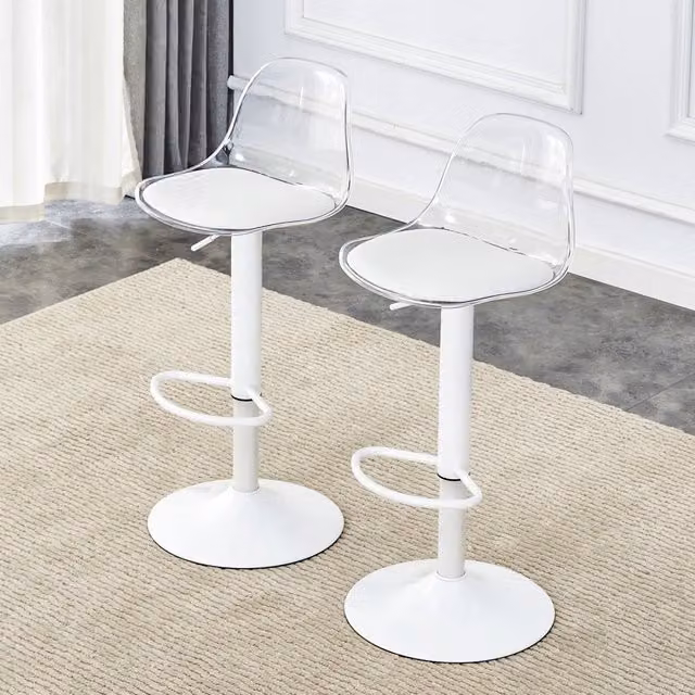 Set da 2 sedie a trave regolabili: schienale trasparente + gambe in metallo bianco, altezza regolabile da 82 a 104 cm, rotazione a 360¡ã.