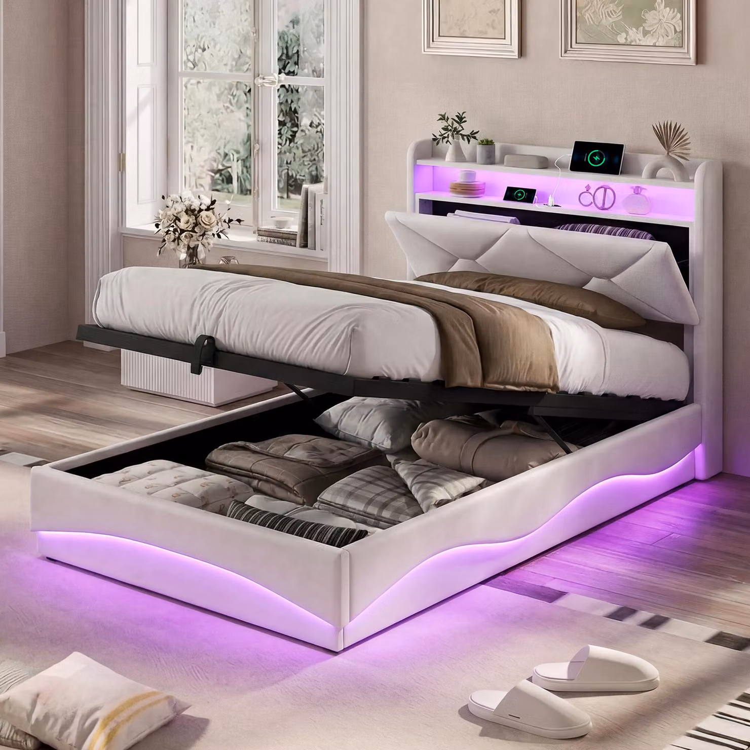 Letto imbottito UnboxG 90x200 cm beige con LED e vano portaoggetti, letto singolo in velluto con contenitore idraulico, USB/Type-C, letto con testiera