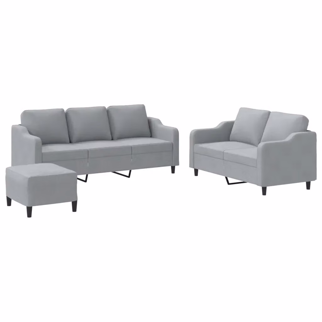vidaXL Set di Divani Moderno 3 Pezzi con Pouf e Cuscini in Tessuto Grigio Chiaro – 2